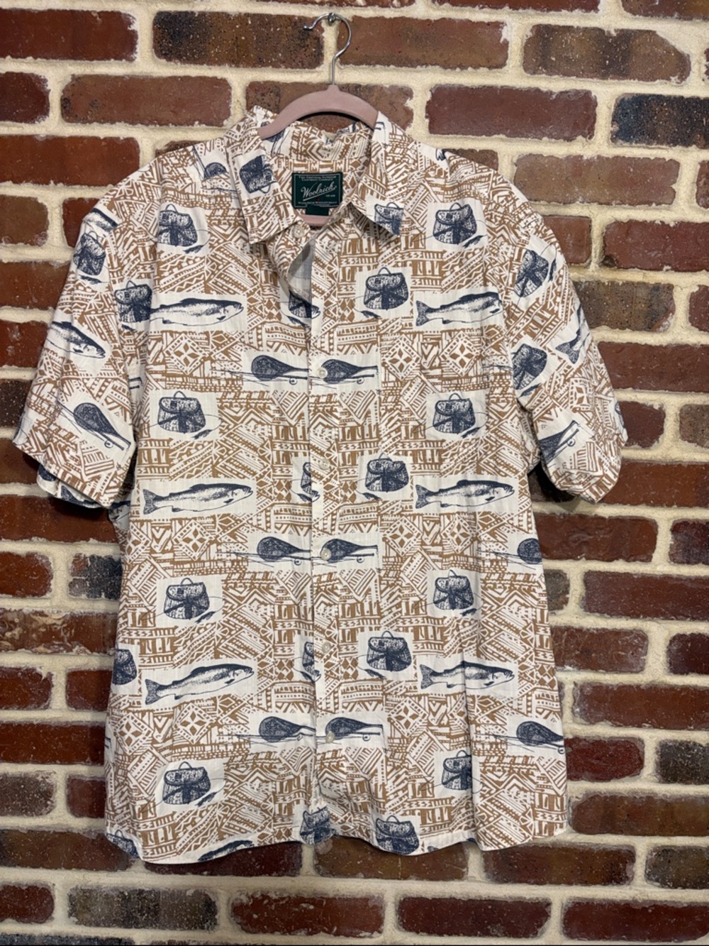 Woolrich Cream & Navy fishing theme Short-Sleeve Button-Down Shirt XXL